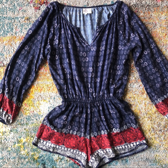 Anthropologie Lilka Navy Red & White LS Romper - Picture 2 of 6